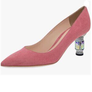 FSJ Pink Pointed Toe Slip On Pumps Crystal Heel with Rhinestones Mid Heel Shoes